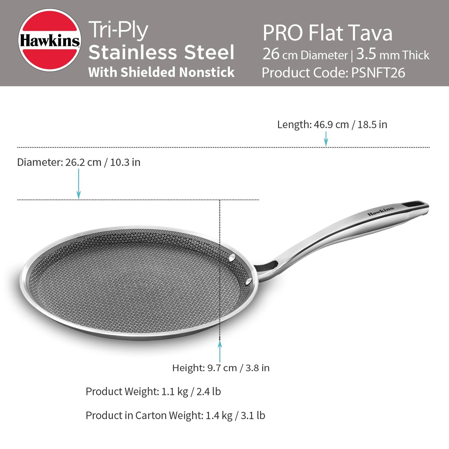 Hawkins PRO Flat Tava Tri-Ply Stainless Steel, 26 cm (PSNFT26) | Shielded Nonstick Induction Pan