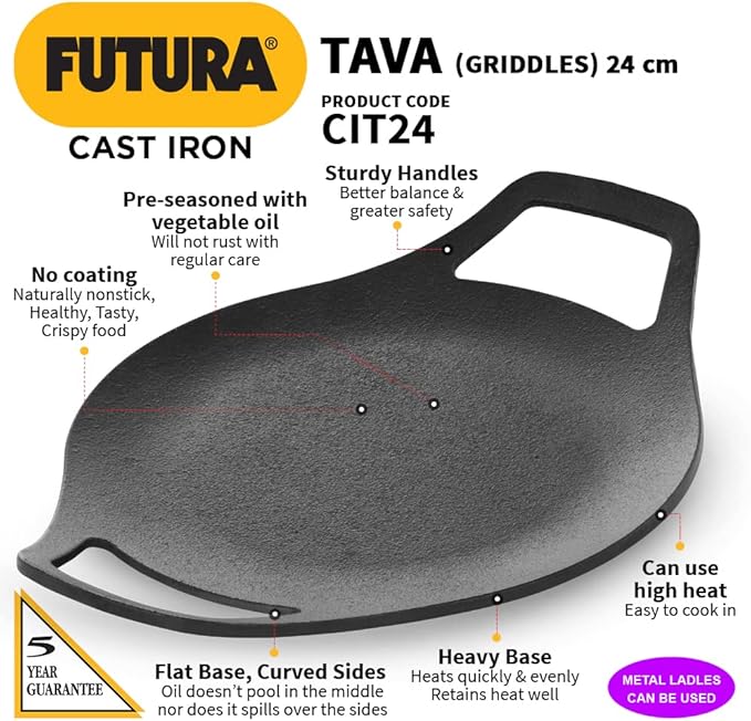 Hawkins Futura 24 cm Cast Iron Tava, Cast Iron Tawa for Roti, Cast Iron Cookware for Kitchen, Black (CIT24)