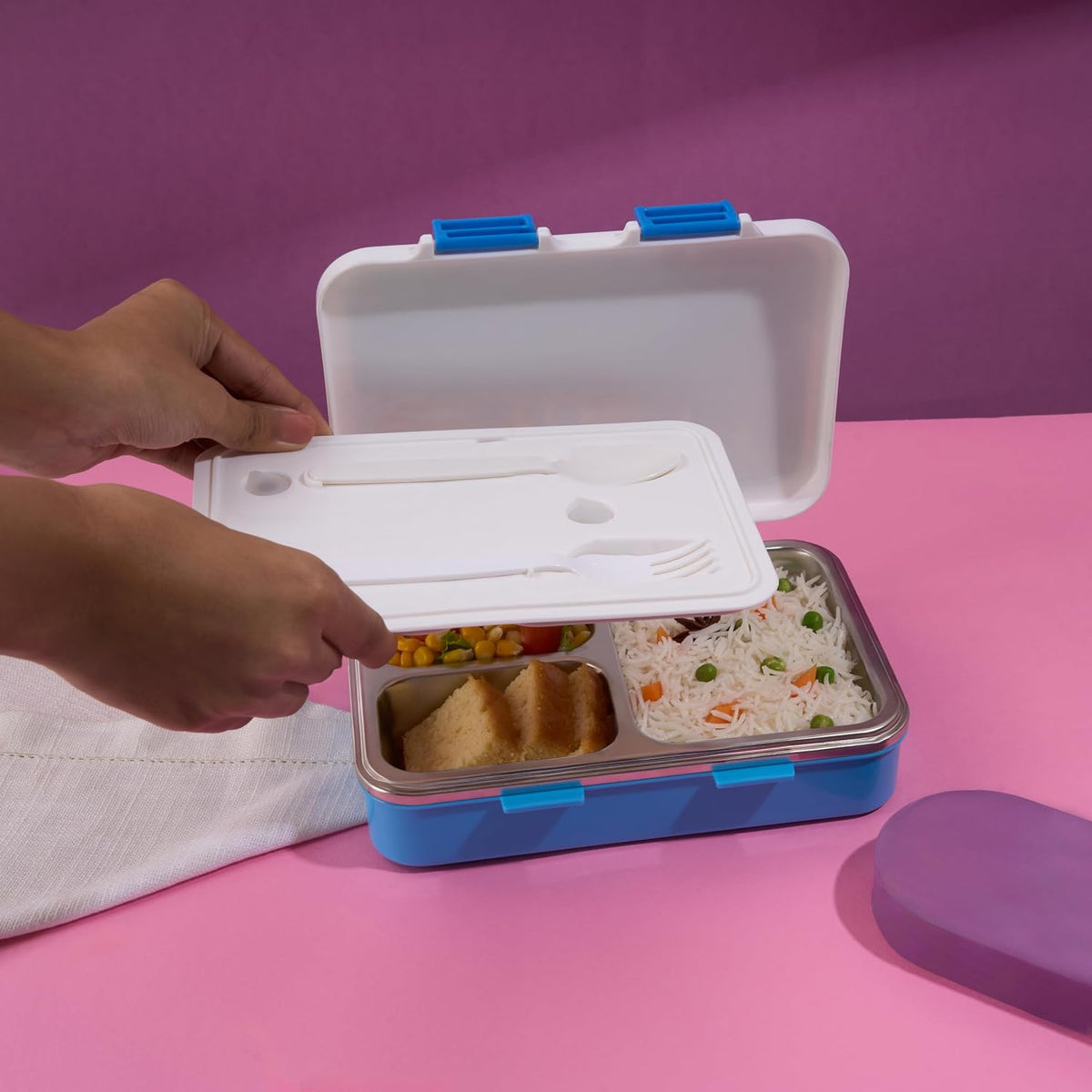 Nayasa Vitamax Insulated Stainless Steel Lunch Box | Leakproof 3-Compartment Tiffin with Cutlery (750ml)