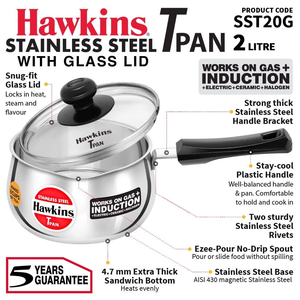 Hawkins Stainless Steel Tea Pan with Glass Lid, 2 Litre (SST20G) | Induction Compatible Saucepan / Chai Pan