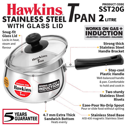 Hawkins Stainless Steel Tea Pan with Glass Lid, 2 Litre (SST20G) | Induction Compatible Saucepan / Chai Pan
