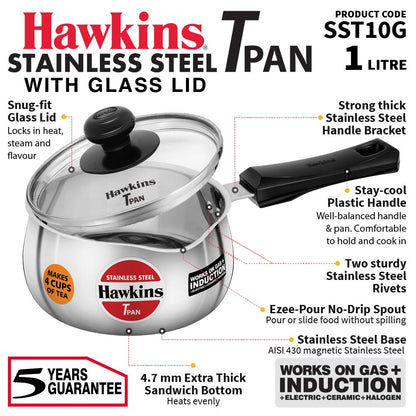 Hawkins Stainless Steel Tea Pan with Glass Lid, 1 Litre (SST10G) | Induction Compatible Saucepan / Chai Pan
