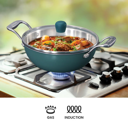 Hawkins Olive Pro Triply Stainless Steel Kadhai with Glass Lid, 2.5 Litre (POSK25G) | Induction Compatible Deep Fry Pan
