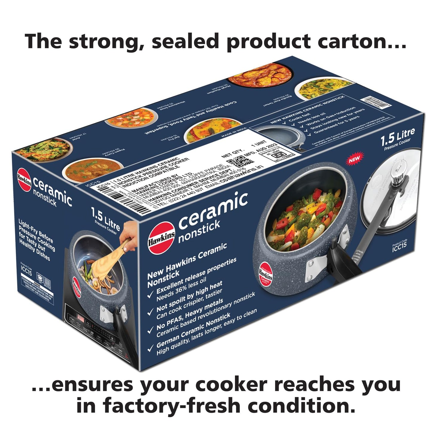 Hawkins Ceramic Nonstick Pressure Cooker, 1.5 Litre (ICC15) | Gas & Induction Compatible