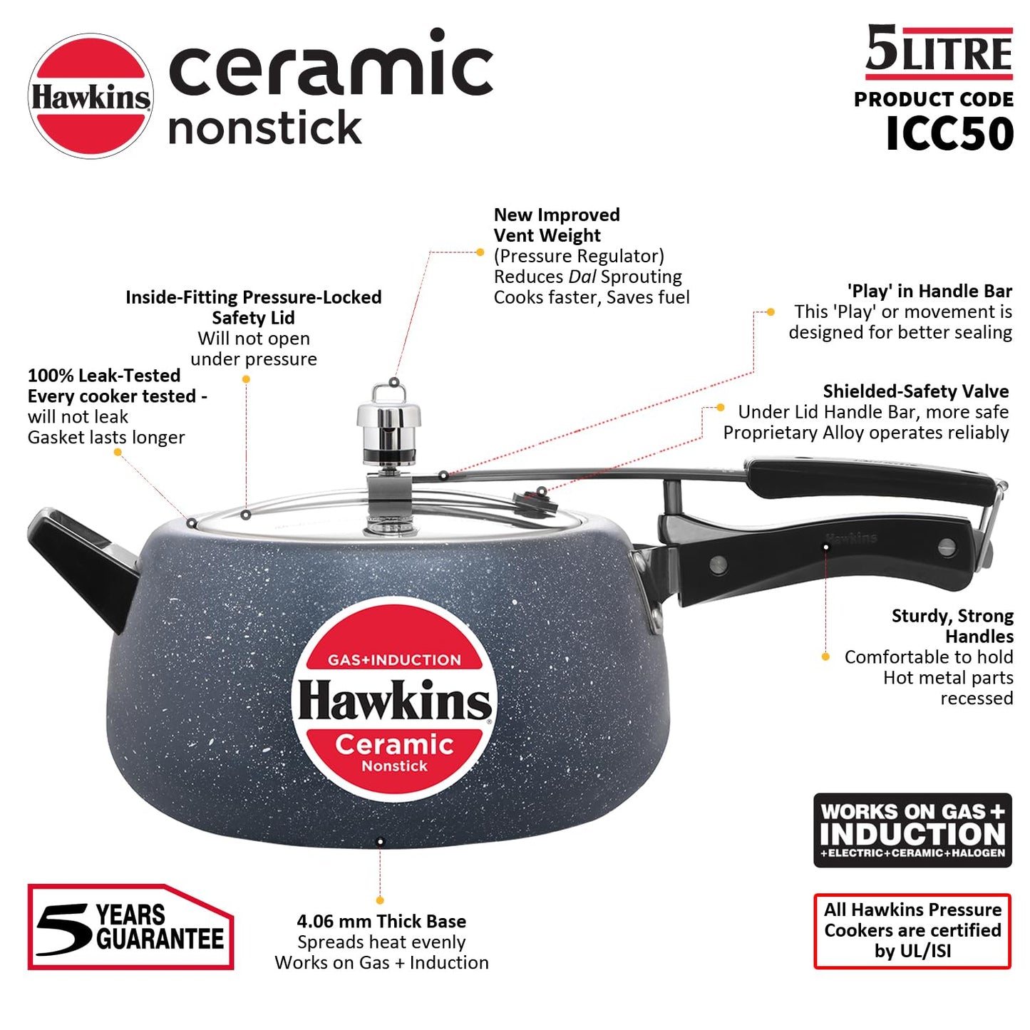 Hawkins Ceramic Nonstick Pressure Cooker, 5 Litre (ICC50) | Gas & Induction Compatible