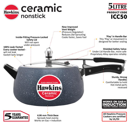 Hawkins Ceramic Nonstick Pressure Cooker, 5 Litre (ICC50) | Gas & Induction Compatible