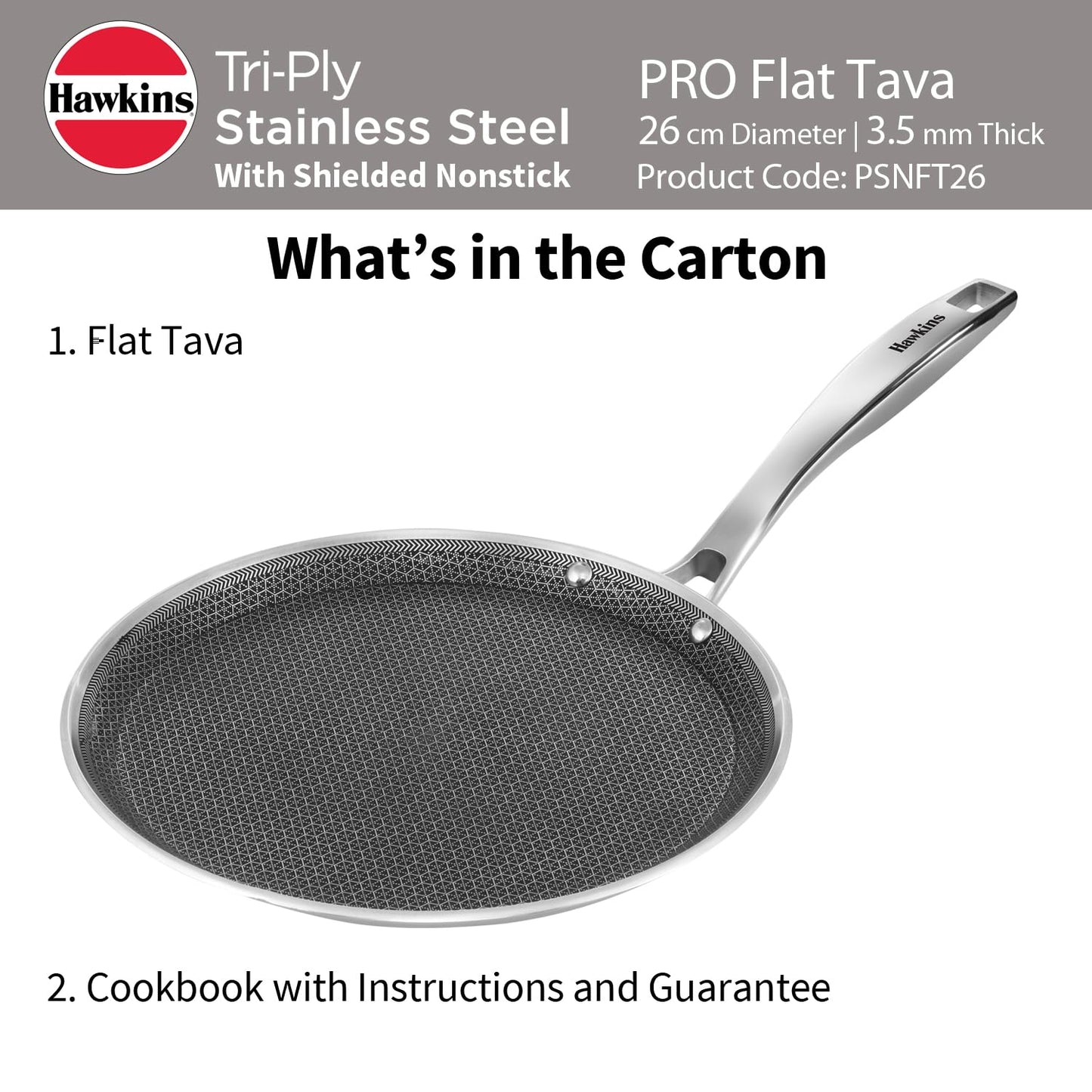 Hawkins PRO Flat Tava Tri-Ply Stainless Steel, 26 cm (PSNFT26) | Shielded Nonstick Induction Pan