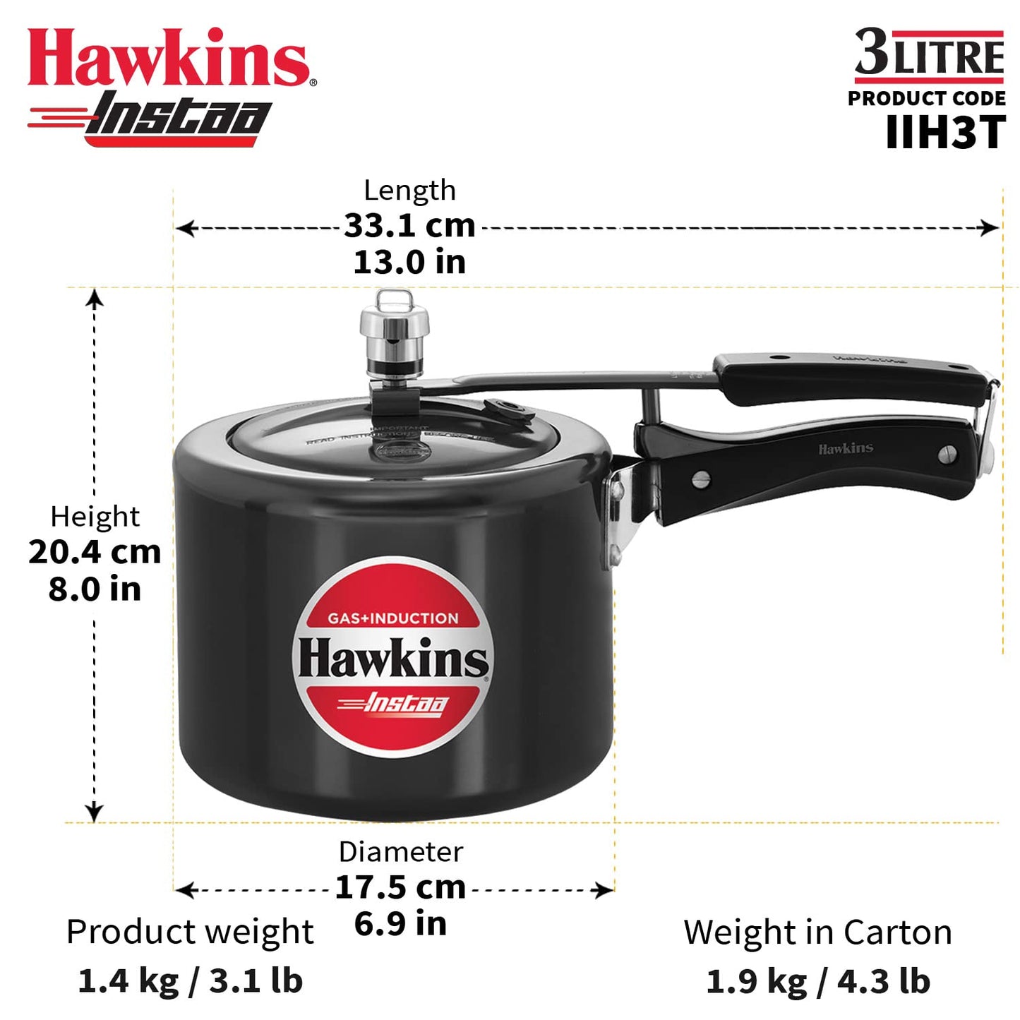Hawkins Heera 3 Litre Induction Compatible Pressure Cooker (IIH3T) | Aluminium Pressure Cooker with Inner Lid