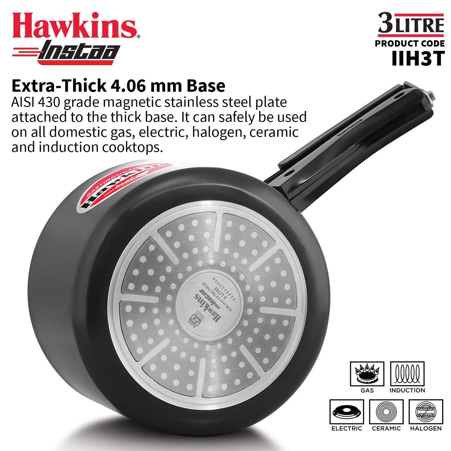Hawkins Heera 3 Litre Induction Compatible Pressure Cooker (IIH3T) | Aluminium Pressure Cooker with Inner Lid
