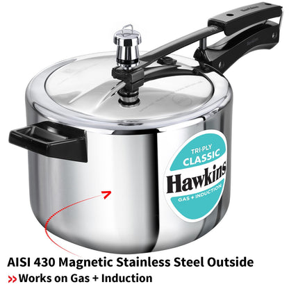 Hawkins Tri-Ply Stainless Steel Classic Pressure Cooker, 5 Litre (SSTCL50) | Gas & Induction Compatible