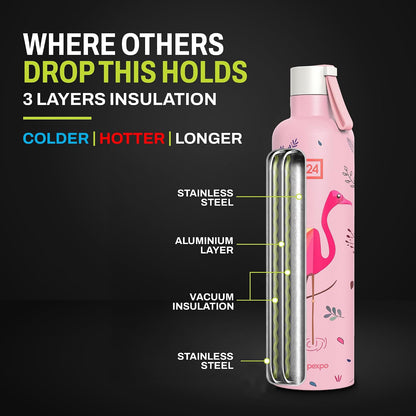 Pexpo Oslo Art 750 ml Vacuum Insulated Stainless Steel Bottle – Pink Flamingo