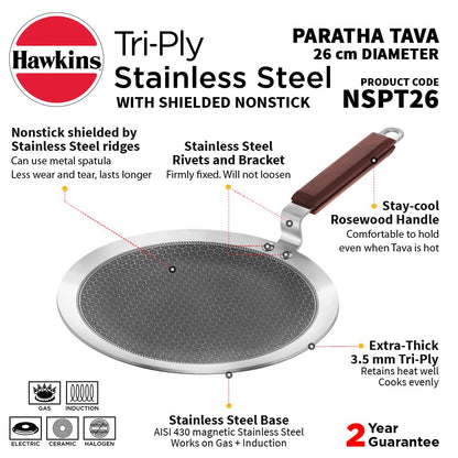 Hawkins Tri-Ply Stainless Steel Paratha Tava with Shielded Nonstick, 26 cm (NSPT26)