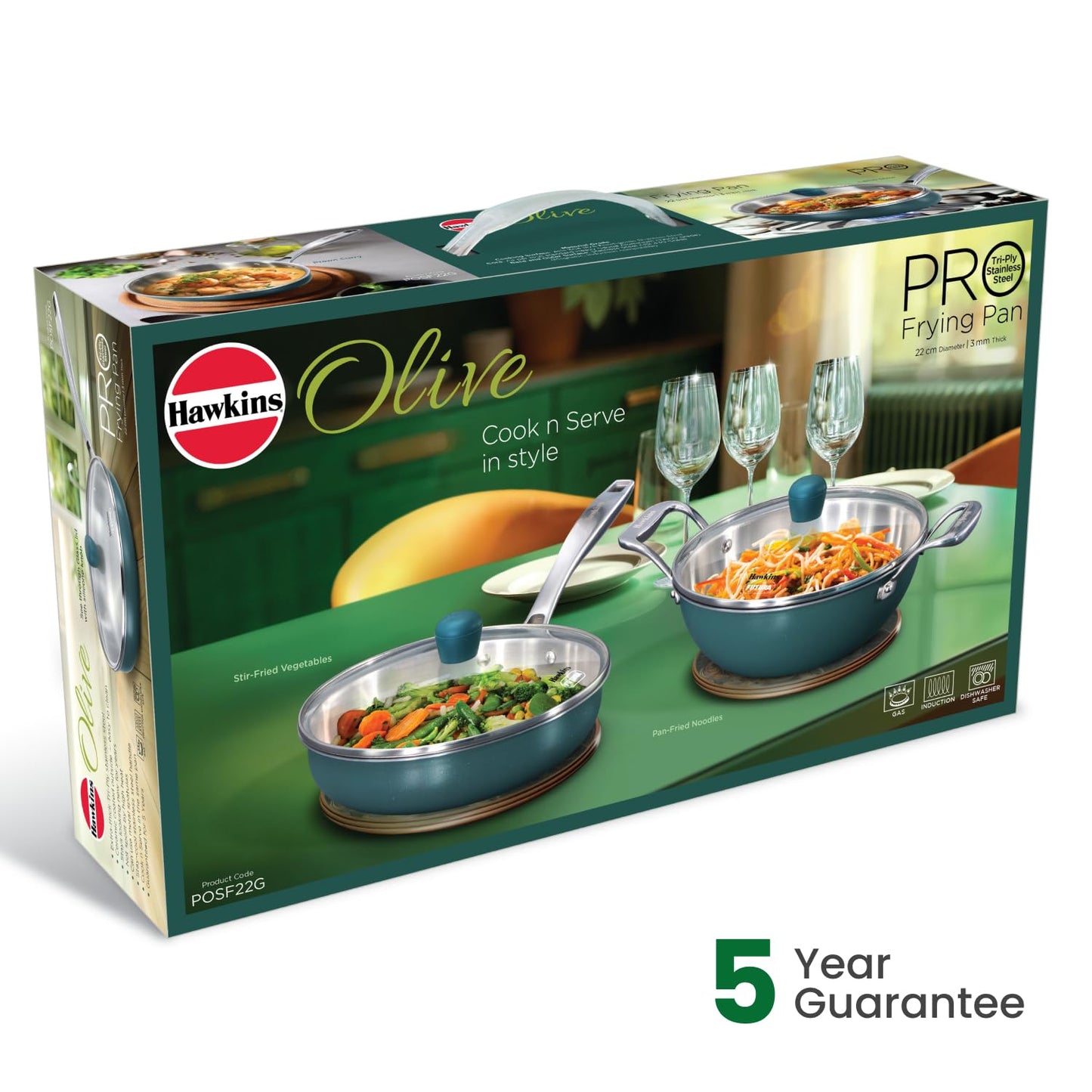 Hawkins Olive Pro Triply Stainless Steel Deep Fry Pan with Glass Lid, 2 Litre (POSF22G) | Induction Compatible Frying Pan