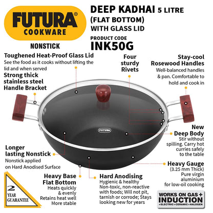 Hawkins Futura 5 Litre Nonstick Deep Kadhai with Glass Lid (INK50G) | Induction Compatible Flat Bottom Kadai