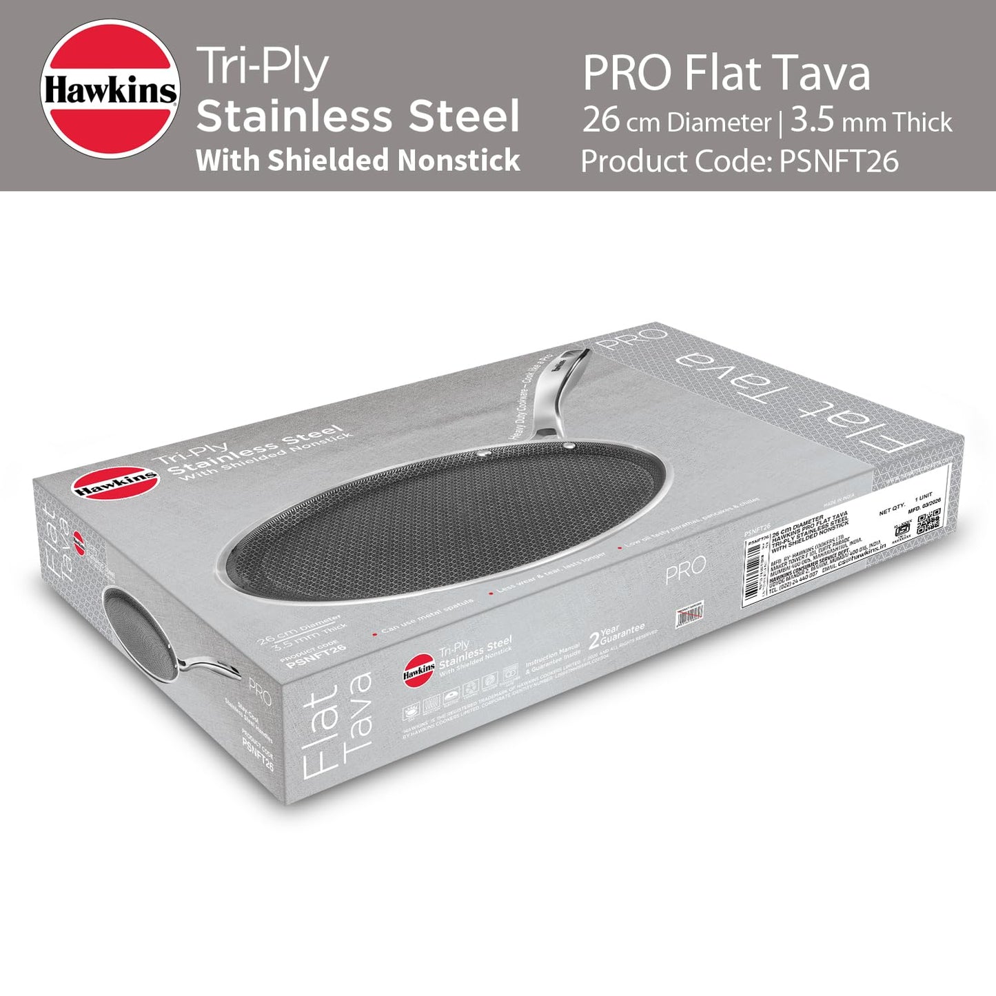 Hawkins PRO Flat Tava Tri-Ply Stainless Steel, 26 cm (PSNFT26) | Shielded Nonstick Induction Pan