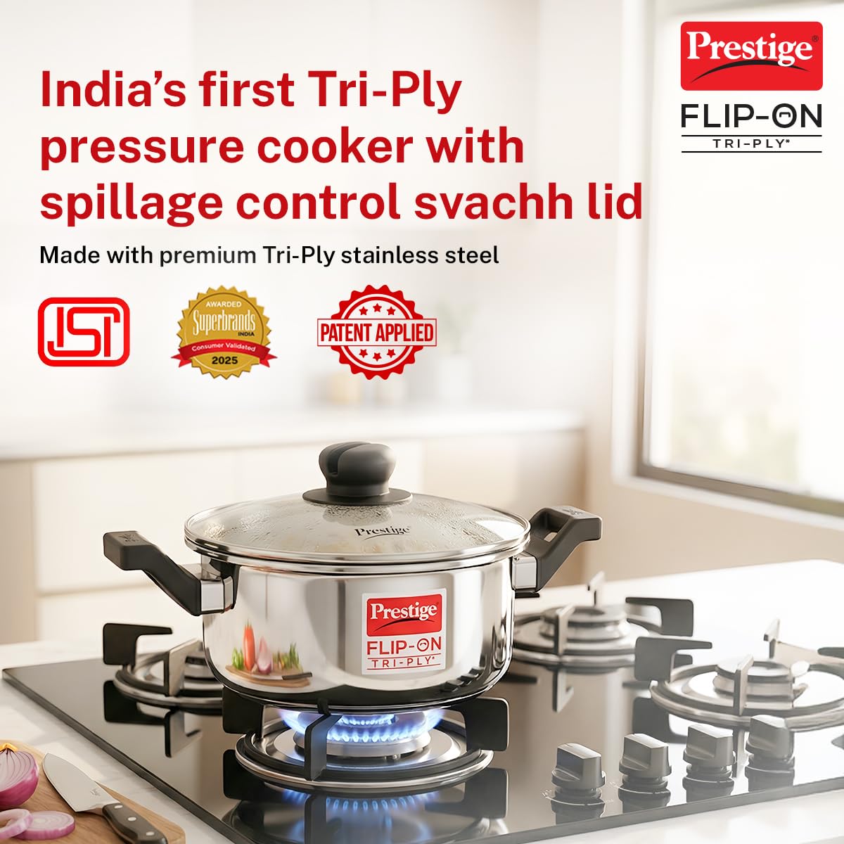 Prestige Flip-On Tri-Ply Stainless Steel Pressure Cooker, 3 Litre | India's First Spillage Control Cooker with Glass Lid