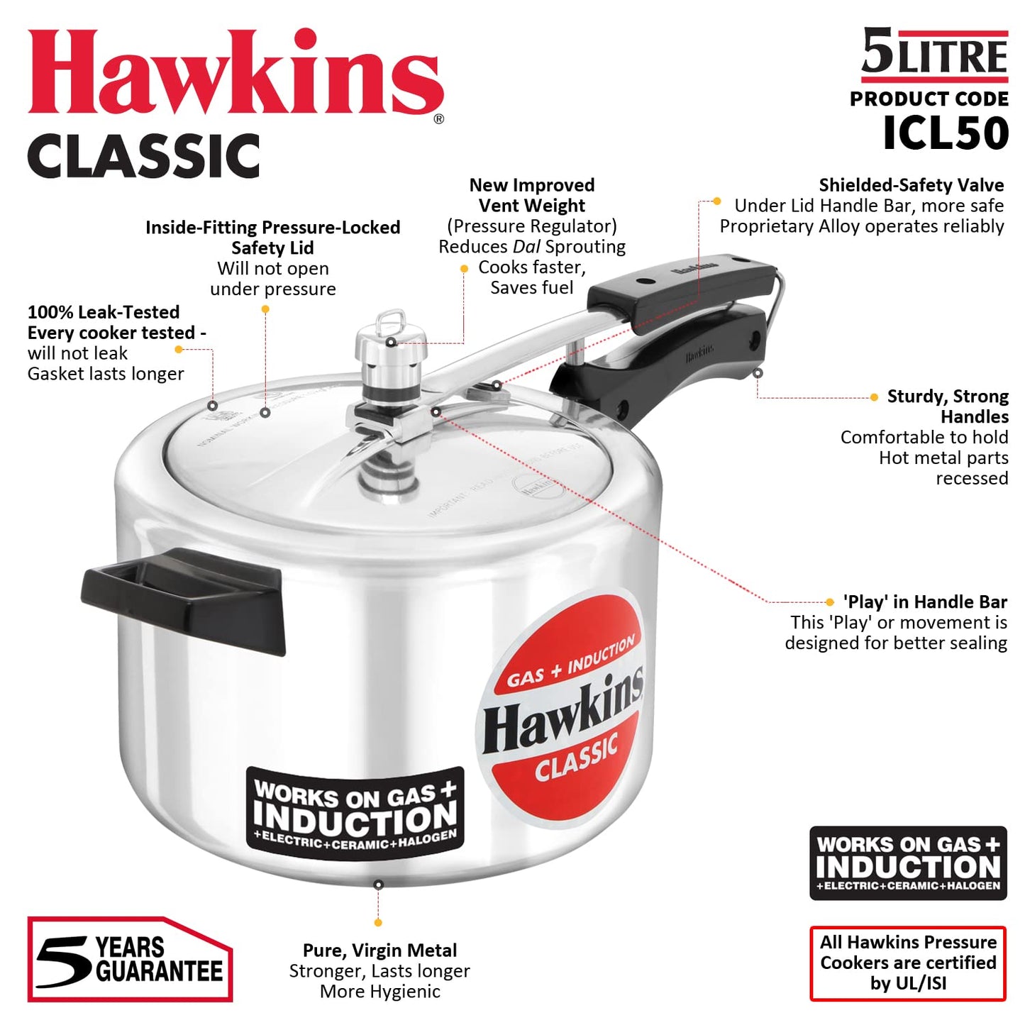 Hawkins Classic 5 Litre Aluminium Pressure Cooker (ICL50) – Gas & Induction Compatible