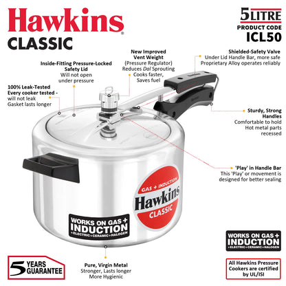 Hawkins Classic 5 Litre Aluminium Pressure Cooker (ICL50) – Gas & Induction Compatible