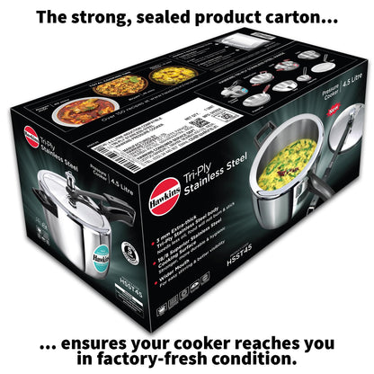 Hawkins Tri-Ply Stainless Steel Pressure Cooker (4.5 Litre, HSST45) – Gas & Induction Compatible