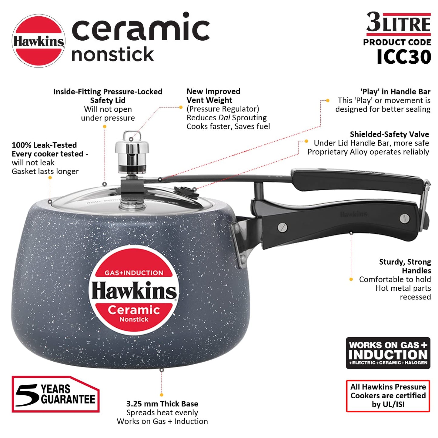 Hawkins Ceramic Nonstick Pressure Cooker, 3 Litre (ICC30) | Gas & Induction Compatible