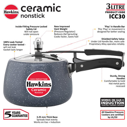 Hawkins Ceramic Nonstick Pressure Cooker, 3 Litre (ICC30) | Gas & Induction Compatible