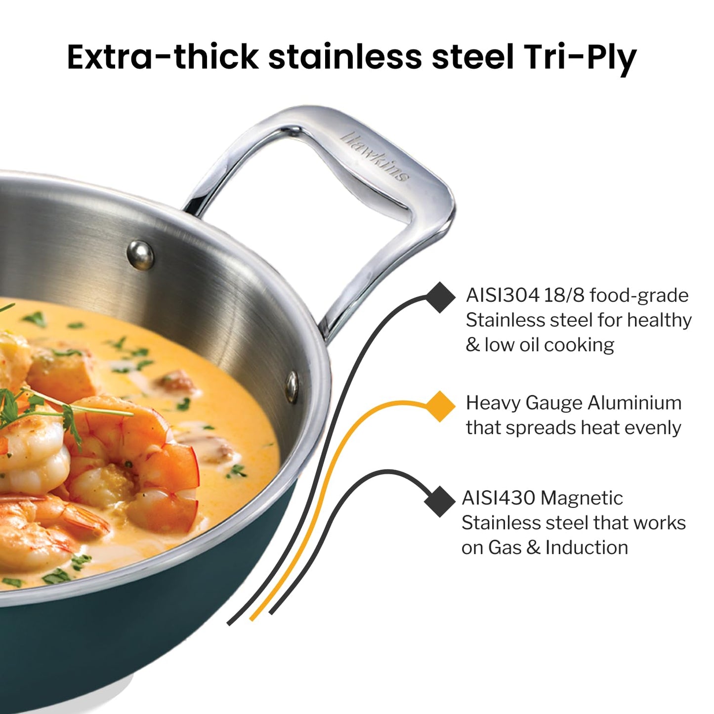 Hawkins Olive Pro Triply Stainless Steel Kadhai with Glass Lid, 2.5 Litre (POSK25G) | Induction Compatible Deep Fry Pan
