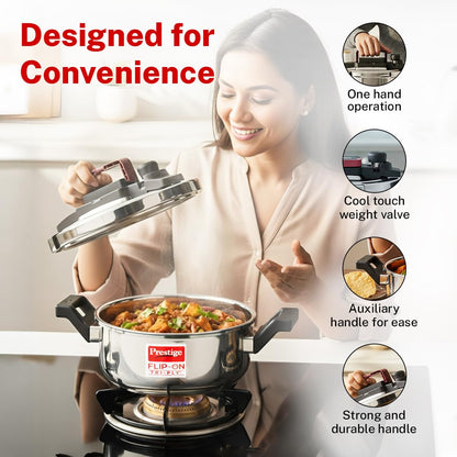Prestige Flip-On Tri-Ply Stainless Steel Pressure Cooker, 3 Litre | India's First Spillage Control Cooker with Glass Lid