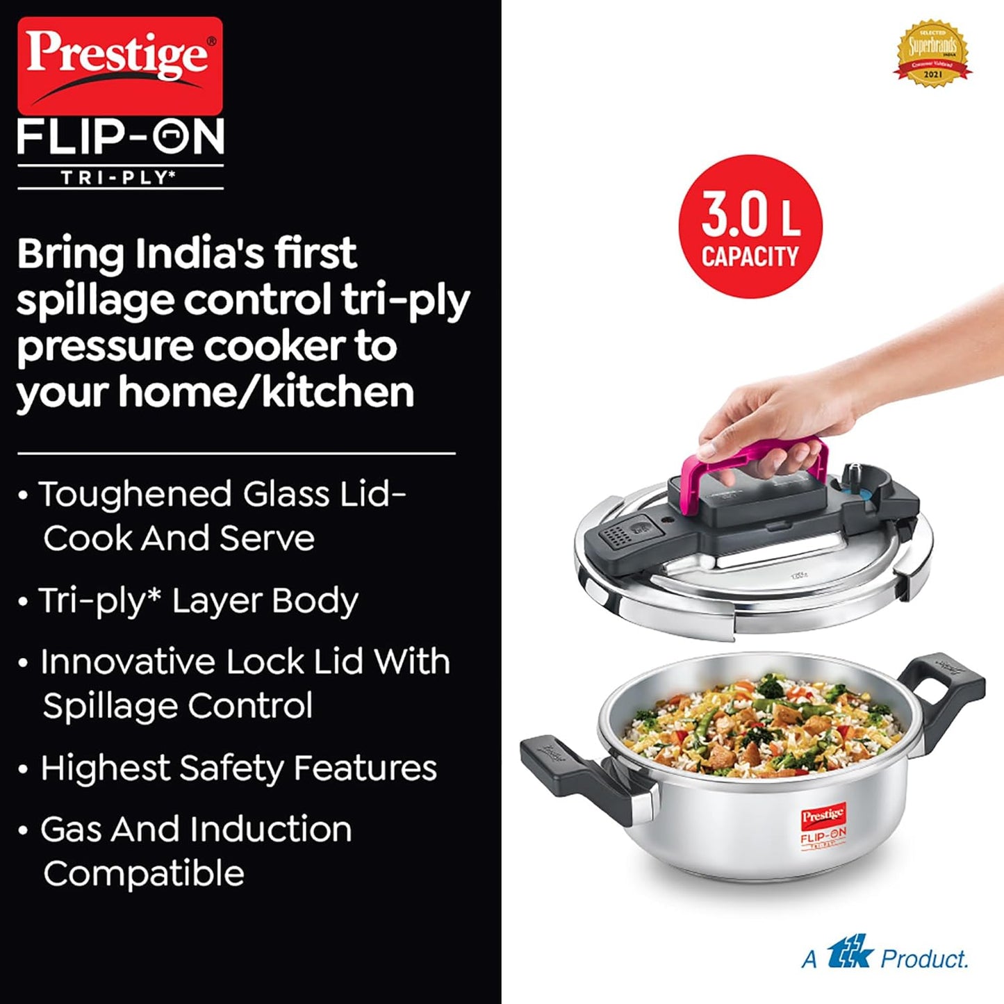Prestige Flip-On Tri-Ply Stainless Steel Pressure Cooker, 3 Litre | India's First Spillage Control Cooker with Glass Lid