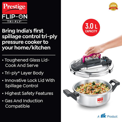 Prestige Flip-On Tri-Ply Stainless Steel Pressure Cooker, 3 Litre | India's First Spillage Control Cooker with Glass Lid