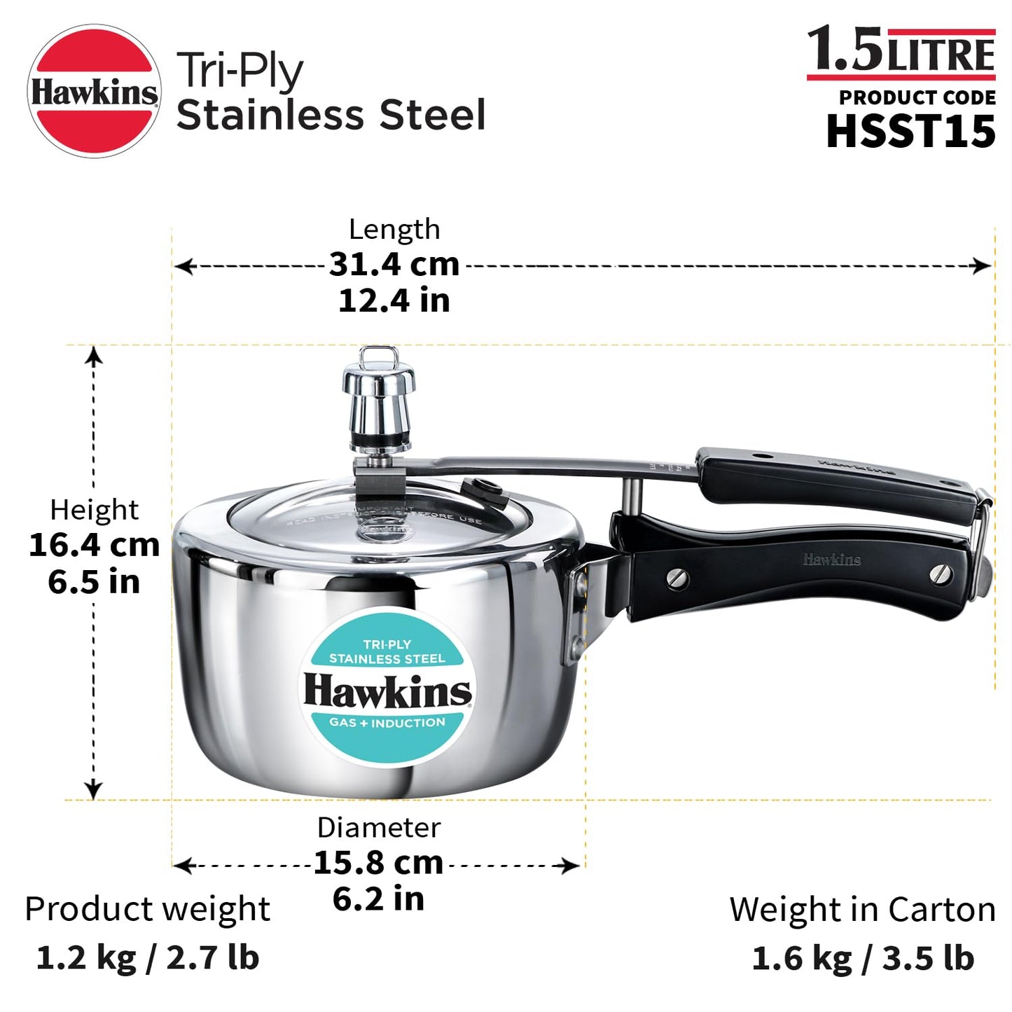 Hawkins Tri-Ply Stainless Steel Pressure Cooker (1.5 Litre, HSST15) – Gas & Induction Compatible