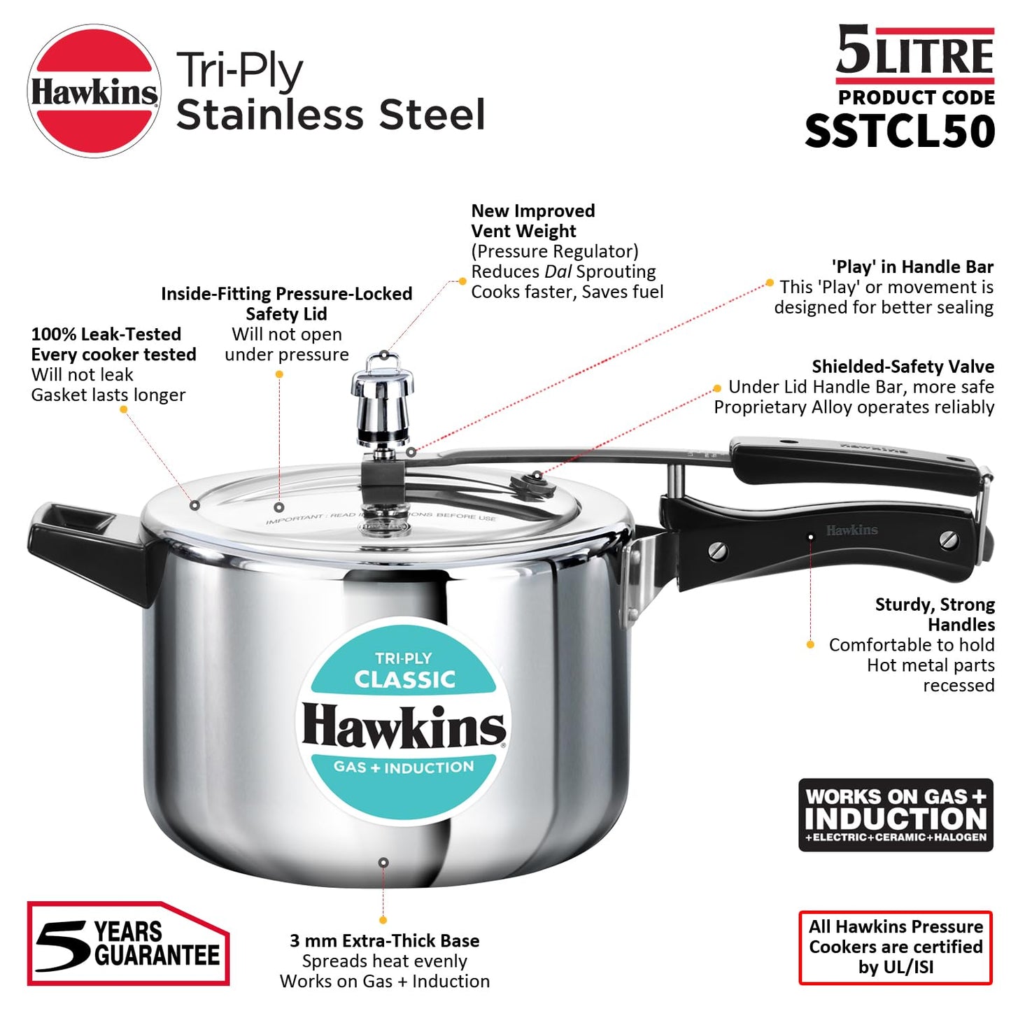 Hawkins Tri-Ply Stainless Steel Classic Pressure Cooker, 5 Litre (SSTCL50) | Gas & Induction Compatible