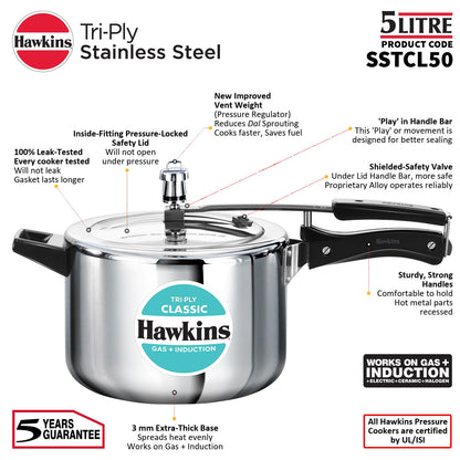 Hawkins Tri-Ply Stainless Steel Classic Pressure Cooker, 5 Litre (SSTCL50) | Gas & Induction Compatible