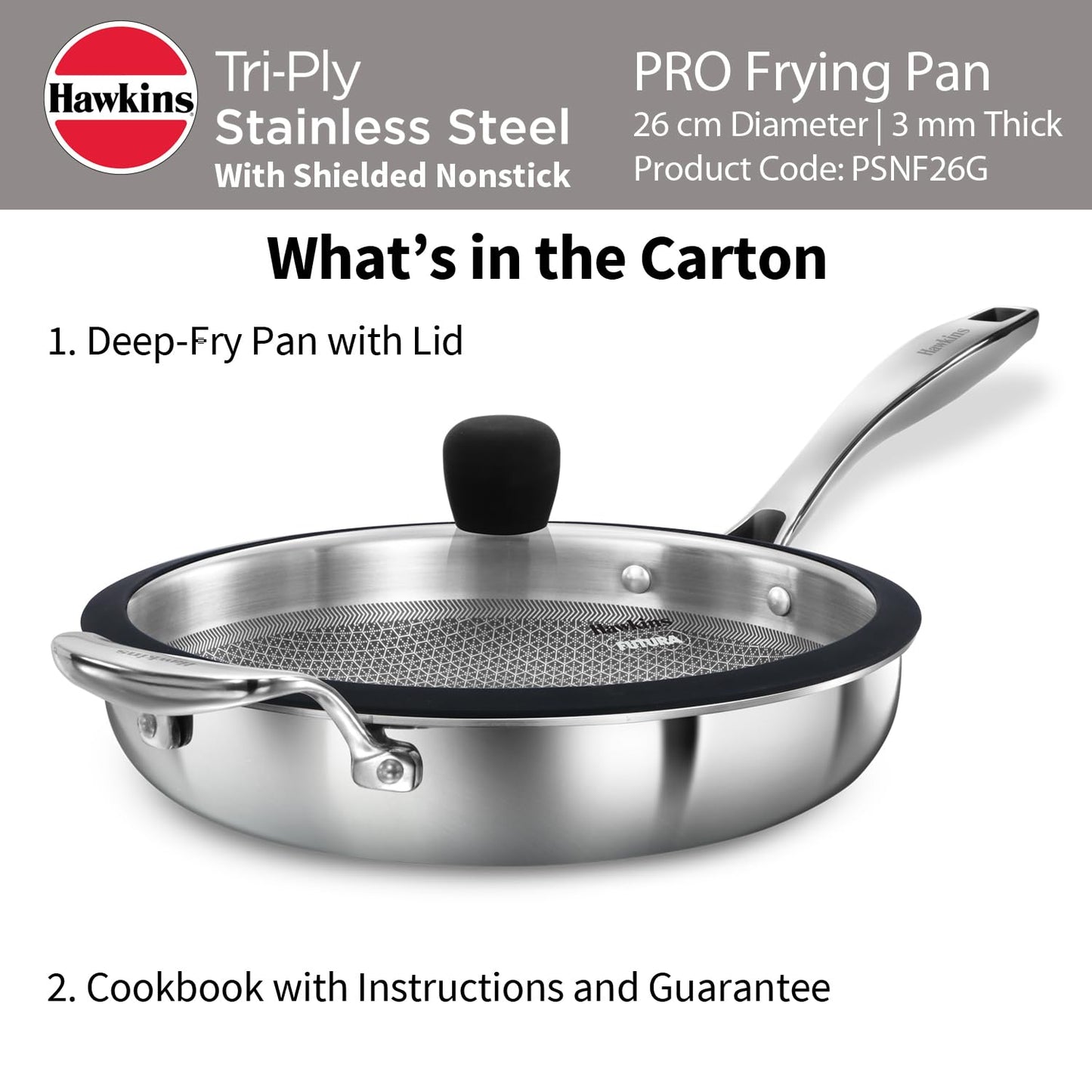 Hawkins Pro 26 cm Tri-Ply Stainless Steel Frying Pan with Glass Lid | Shielded Nonstick (PSNF26G)