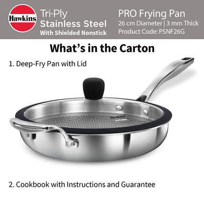 Hawkins Pro 26 cm Tri-Ply Stainless Steel Frying Pan with Glass Lid | Shielded Nonstick (PSNF26G)