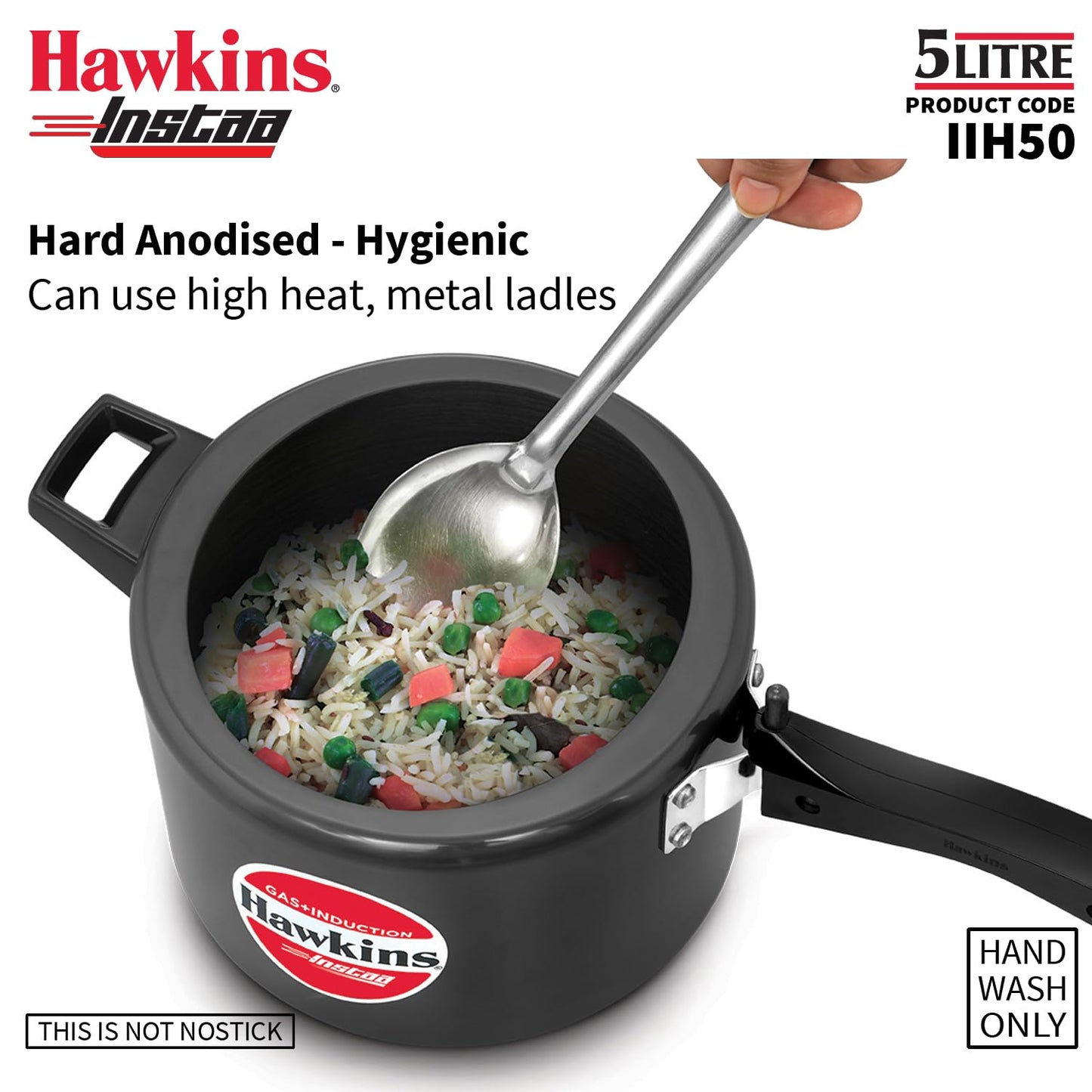 Hawkins Instaa 5 Litre Hard Anodised Pressure Cooker | Gas and Induction Compatible (IIH50)