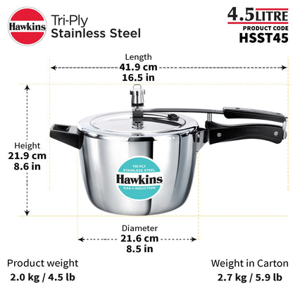 Hawkins Tri-Ply Stainless Steel Pressure Cooker (4.5 Litre, HSST45) – Gas & Induction Compatible