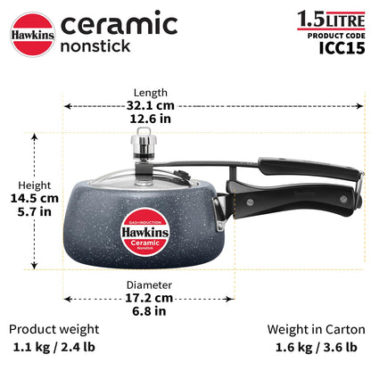 Hawkins Ceramic Nonstick Pressure Cooker, 1.5 Litre (ICC15) | Gas & Induction Compatible