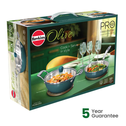 Hawkins Olive Pro Triply Stainless Steel Kadhai with Glass Lid, 2.5 Litre (POSK25G) | Induction Compatible Deep Fry Pan