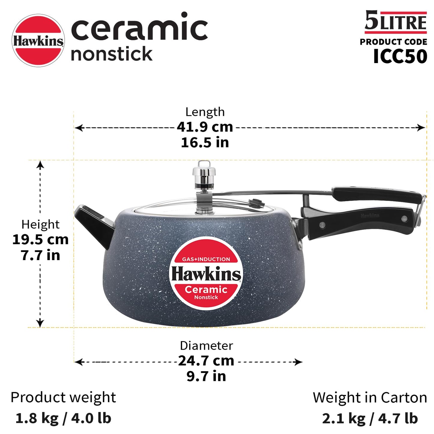 Hawkins Ceramic Nonstick Pressure Cooker, 5 Litre (ICC50) | Gas & Induction Compatible