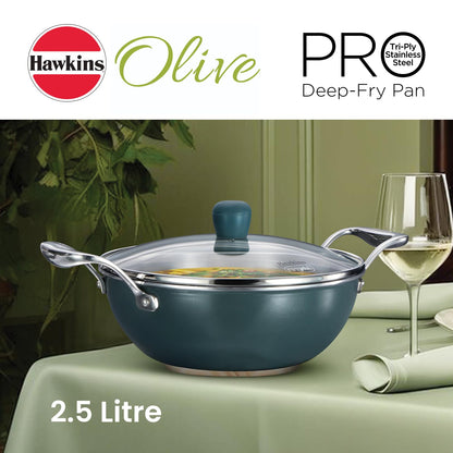 Hawkins Olive Pro Triply Stainless Steel Kadhai with Glass Lid, 2.5 Litre (POSK25G) | Induction Compatible Deep Fry Pan