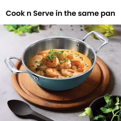 Hawkins Olive Pro Triply Stainless Steel Kadhai with Glass Lid, 2.5 Litre (POSK25G) | Induction Compatible Deep Fry Pan