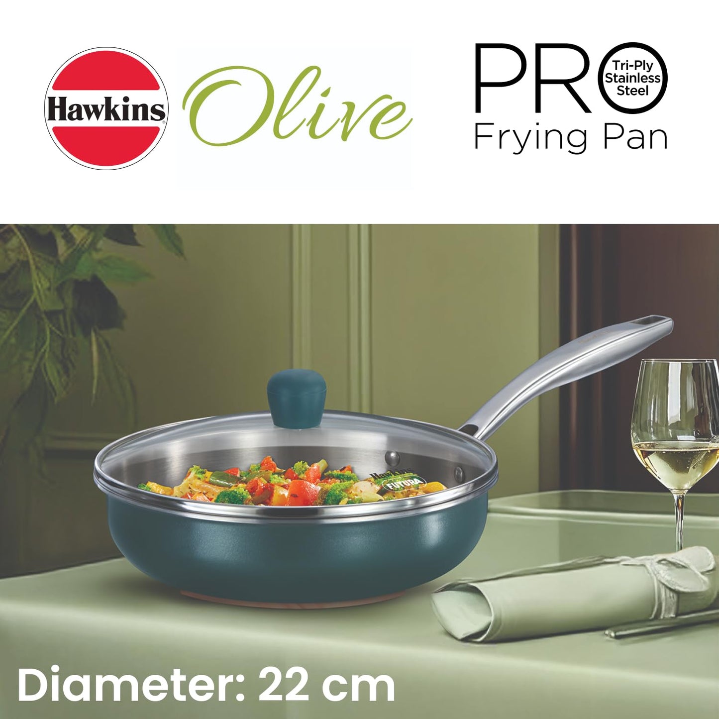 Hawkins Olive Pro Triply Stainless Steel Deep Fry Pan with Glass Lid, 2 Litre (POSF22G) | Induction Compatible Frying Pan