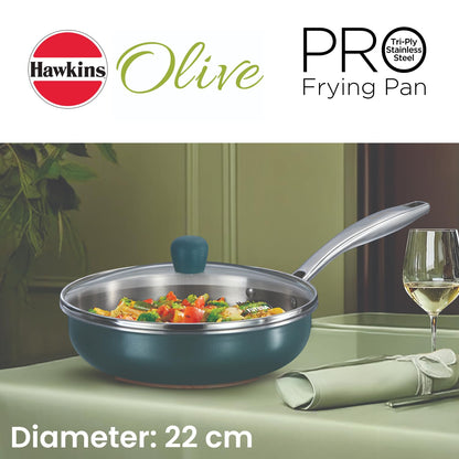 Hawkins Olive Pro Triply Stainless Steel Deep Fry Pan with Glass Lid, 2 Litre (POSF22G) | Induction Compatible Frying Pan