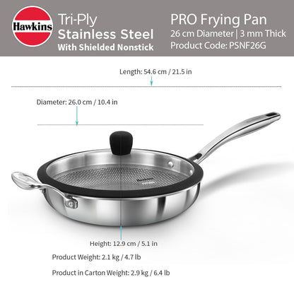 Hawkins Pro 26 cm Tri-Ply Stainless Steel Frying Pan with Glass Lid | Shielded Nonstick (PSNF26G)