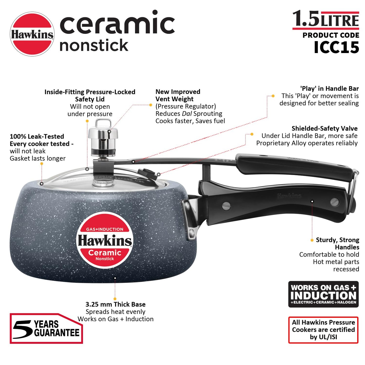 Hawkins Ceramic Nonstick Pressure Cooker, 1.5 Litre (ICC15) | Gas & Induction Compatible
