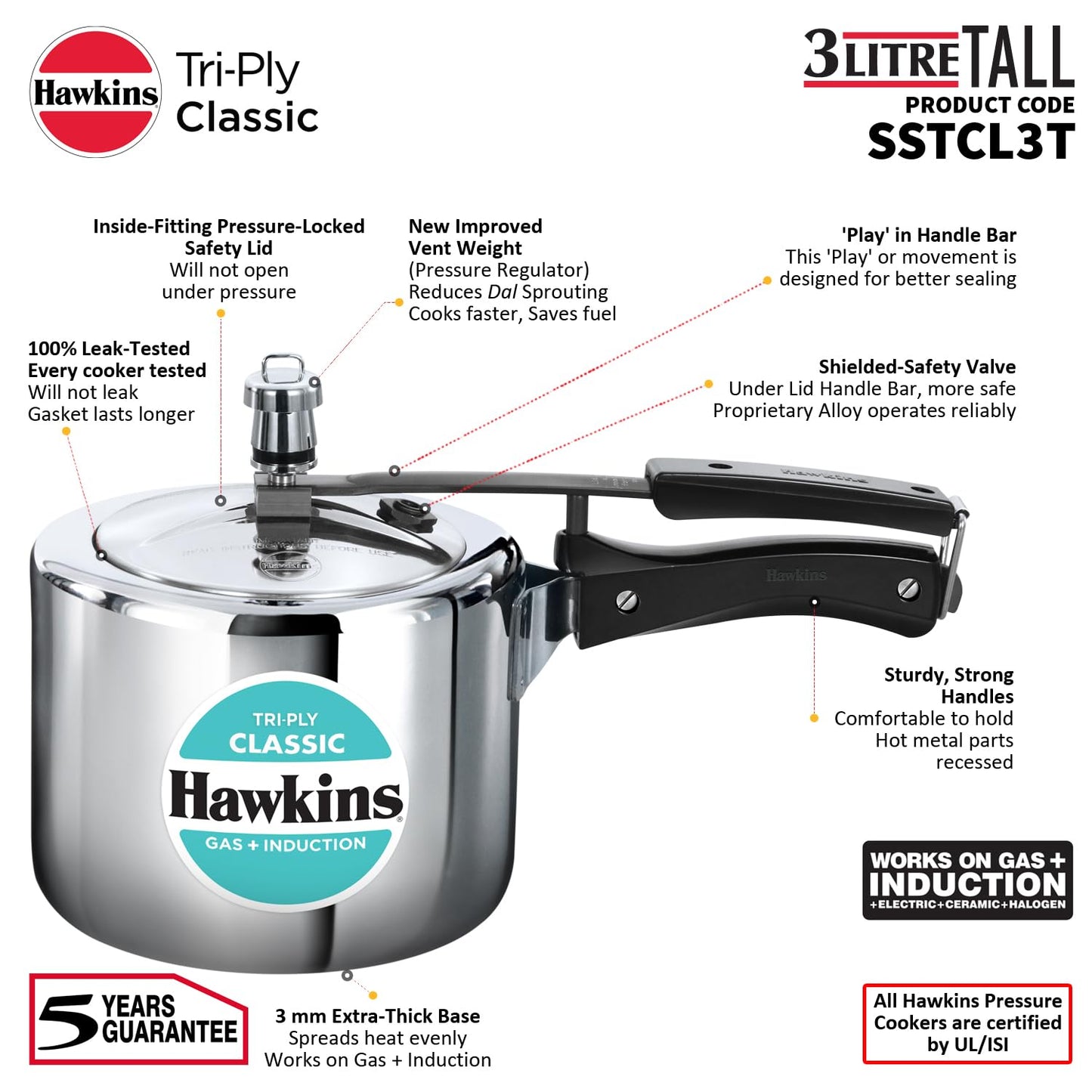 Hawkins Tri-Ply Classic Stainless Steel Pressure Cooker (3 Litre Tall, SSTCL3T) – Gas & Induction Compatible