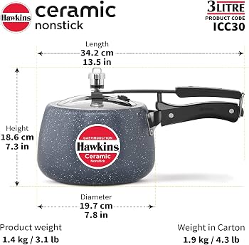 Hawkins Ceramic Nonstick Pressure Cooker, 3 Litre (ICC30) | Gas & Induction Compatible