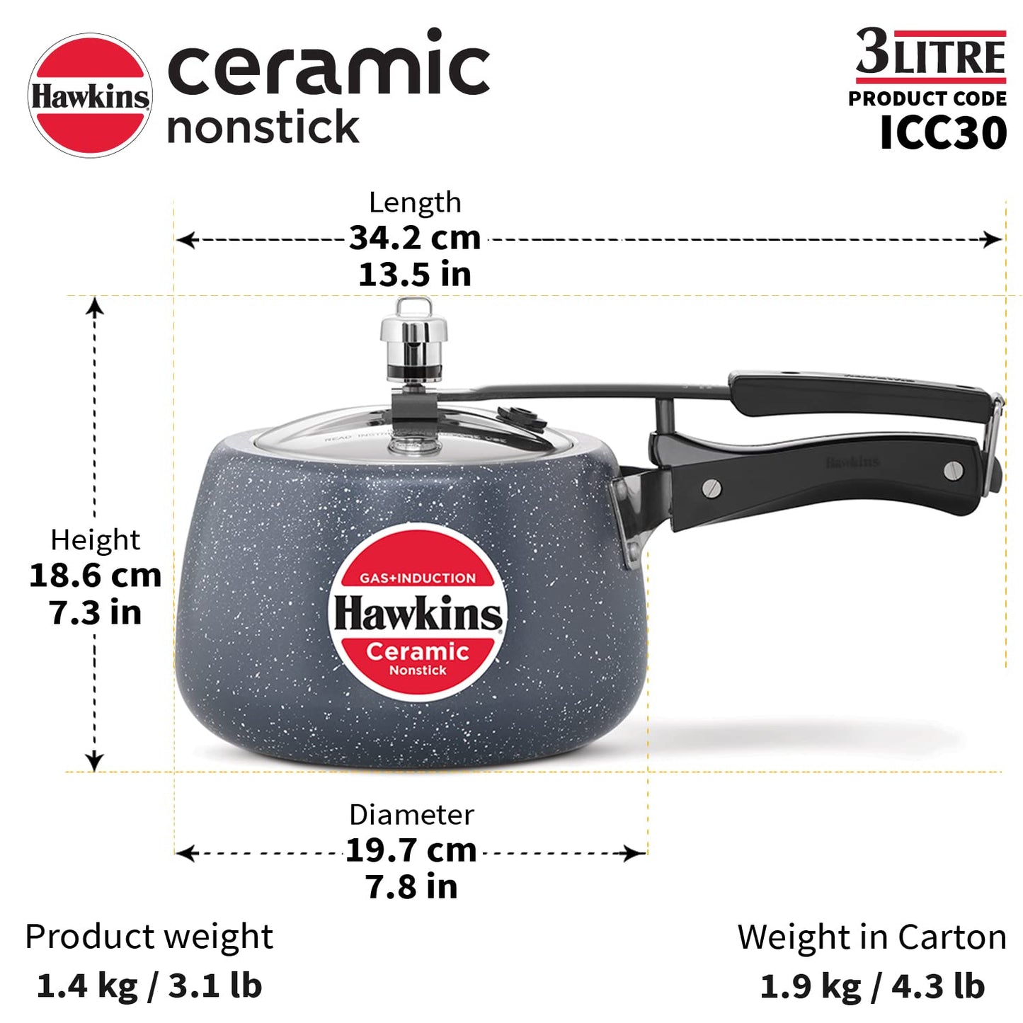 Hawkins Ceramic Nonstick Pressure Cooker, 3 Litre (ICC30) | Gas & Induction Compatible