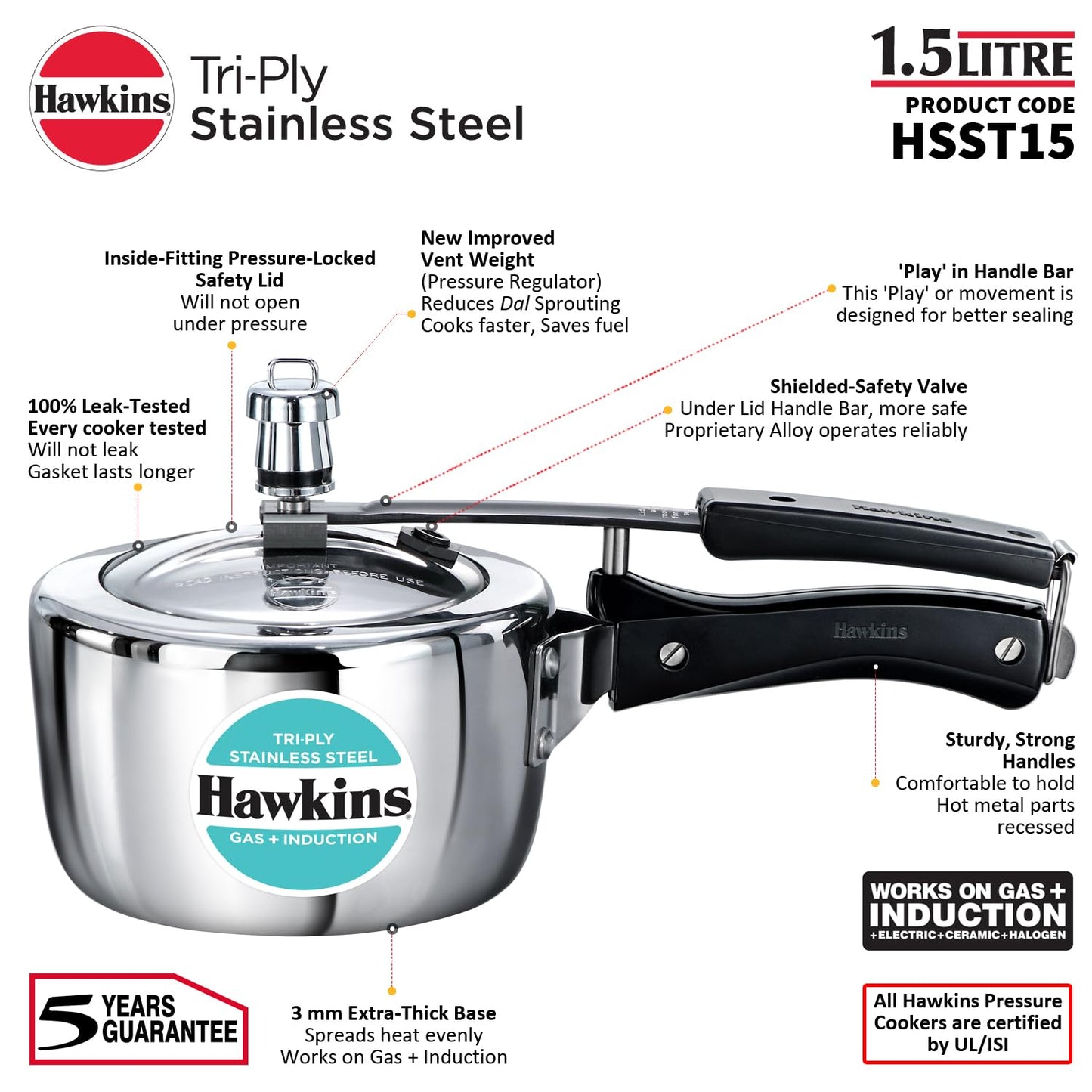 Hawkins Tri-Ply Stainless Steel Pressure Cooker (1.5 Litre, HSST15) – Gas & Induction Compatible