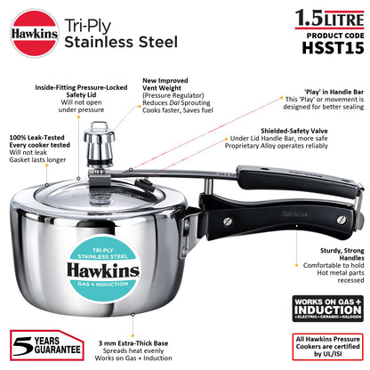 Hawkins Tri-Ply Stainless Steel Pressure Cooker (1.5 Litre, HSST15) – Gas & Induction Compatible